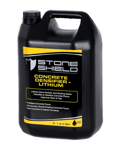 A-black-5-liter-plastic-container-of-Stoneshield-Concrete-Densifier-Lithium-a-lithium-nano-particle-anti-dusting-sealer-designed-to-densify-and-harden-concrete-floors-The-label-features-a-black-and-yellow-color-scheme-with-white-and-yellow-text-and-the-Stoneshield-logo-at-the-top-It-indicates-the-product-is-water-based-and-suitable-for-polished-concrete-structurally-sound-floors-and-new-concrete-surfaces