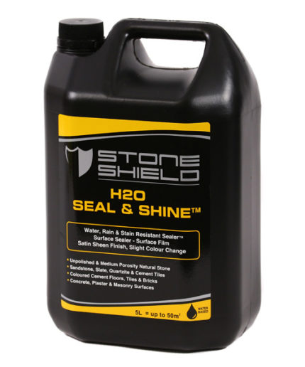 Image-of-a-5-litre-black-plastic-container-of-Stoneshield-H2O-Seal-&-Shine-with-a-yellow-and-black-label-The-product-is-a-water-based-surface-sealer-that-provides-water-rain-and-stain-resistance-with-a-satin-sheen-finish-and-slight-colour-enhancement-Suitable-for-unpolished-and-medium-porosity-natural-stone-sandstone-slate-quartzite-cement-tiles-coloured-cement-floors-tiles-bricks-concrete-plaster-and-masonry-surfaces