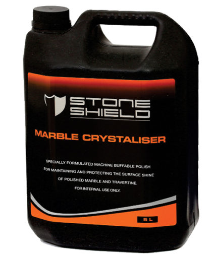 The-image-shows-a-black-plastic-container-with-a-handle-and-screw-cap-designed-for-holding-liquid-The-label-on-the-front-of-the-container-features-the-brand-name-"STONESHIELD"-in-bold-silver-and-white-text-accompanied-by-a-shield-logo-Below-the-brand-name-the-product-name-"MARBLE-CRYSTALISER"-is-prominently-displayed-in-bright-orange-capitalized-letters-Further-down-smaller-white-text-reads-"Specially-formulated-machine-buffable-polish-for-maintaining-and-protecting-the-surface-shine-of-polished-marble-and-travertine-For-internal-use-only"-The-label-also-includes-a-design-with-orange-and-grey-curved-stripes-along-the-bottom-edge-and-a-small-orange-box-indicating-the-volume-marked-"5-L"-The-overall-design-conveys-a-professional-and-industrial-product-intended-for-use-in-maintaining-stone-surfaces