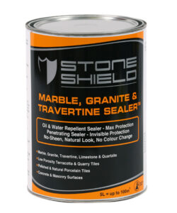 A-5-liter-can-of-Stoneshield-Marble-Granite-&-Travertine-Sealer-designed-for-sealing-natural-stone-surfaces-The-label-features-black-orange-and-grey-colours-highlighting-its-oil-and-water-repellent-properties-invisible-protection-and-suitability-for-various-surfaces-including-marble-granite-and-concrete