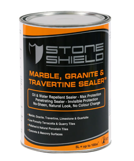 A-5-liter-can-of-Stoneshield-Marble-Granite-&-Travertine-Sealer-designed-for-sealing-natural-stone-surfaces-The-label-features-black-orange-and-grey-colours-highlighting-its-oil-and-water-repellent-properties-invisible-protection-and-suitability-for-various-surfaces-including-marble-granite-and-concrete