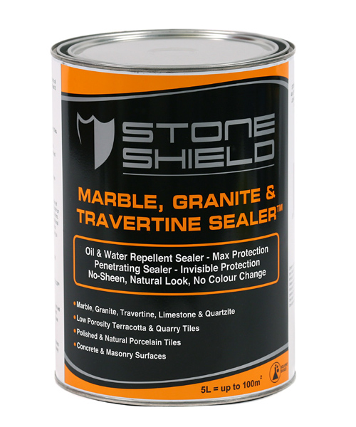 A-5-liter-can-of-Stoneshield-Marble-Granite-&-Travertine-Sealer-designed-for-sealing-natural-stone-surfaces-The-label-features-black-orange-and-grey-colours-highlighting-its-oil-and-water-repellent-properties-invisible-protection-and-suitability-for-various-surfaces-including-marble-granite-and-concrete