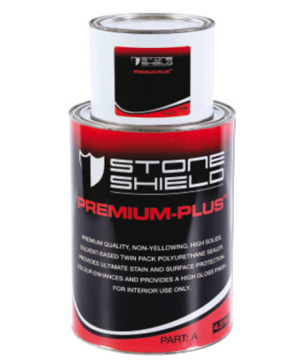 Two-cans-of-Stoneshield-Premium-Plus-The-larger-can-(Part-A)-is-red-and-black-with-gold-trim-and-features-the-Stoneshield-logo-The-label-describes-it-as-a-premium-quality-non-yellowing-high-solids-polyurethane-twin-pack-sealer-for-interior-use-offering-high-gloss-and-stain-protection-A-smaller-white-can-also-labeled-Premium-Plus-is-stacked-on-top