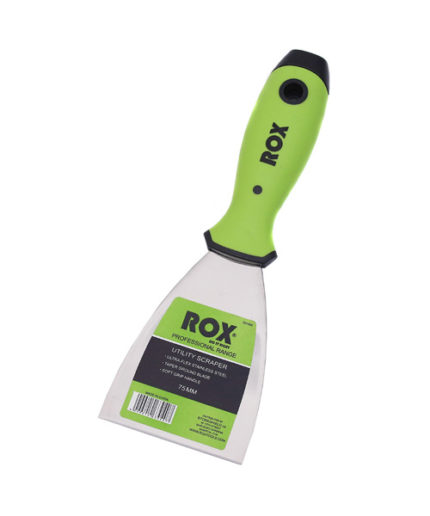 Image-of-a-green-handled-utility-scraper-with-a-stainless-steel-blade-labeled-ROX-Professional-Tools-The-handle-has-a-hole-for-hanging-and-a-black-grip-for-comfortable-use-The-blade-has-a-label-indicating-the-size-of-the -utility-scraper