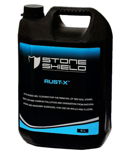 A-black-5-liter-plastic-container-of-Stoneshield-Rust-X-a-gel-cleaner-designed-for-the-removal-of-red-soil-stains -rust-and-cement-pollution-The-label-features-a-blue-and-black-design-with-white-and-blue-text-and-includes-the-Stoneshield-logo-at-the-top