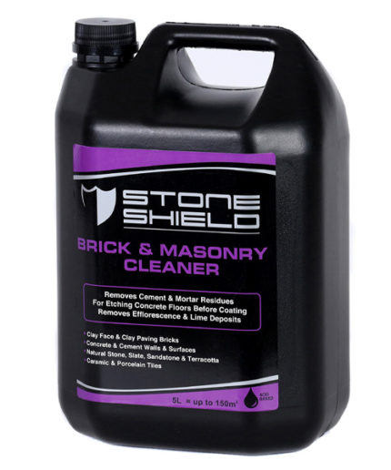A-5-liter-black-plastic-container-of-Stoneshield-Brick-and-Masonry-Cleaner-with-a-purple-and-black-label-The-label-indicates-that-the-cleaner-removes-cement-and-mortar-residues-etches-concrete-floors-before-coating-and-removes-efflorescence-and-lime-deposits-It-is-suitable-for-use-on-clay-bricks-concrete-natural-stone-slate-sandstone-terracotta-ceramic-and-porcelain-tiles-The-product-is-acid-based