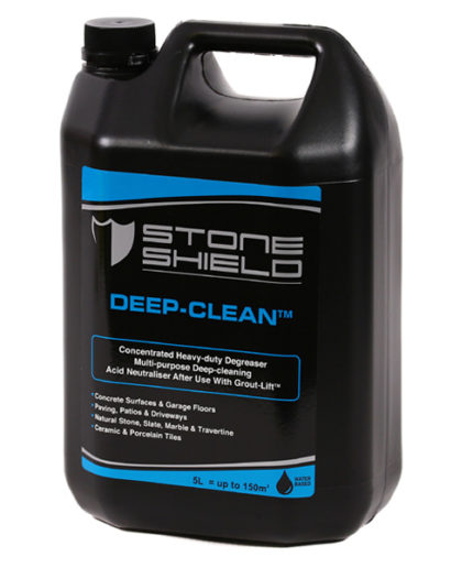 A-5-liter-black-plastic-container-of-Stoneshield-Deep-Clean-a-concentrated-heavy-duty-degreaser-and-multi-purpose-deep-cleaning-solution-The-label-is-black-with-blue-and-white-text-and-features-a-shield-logo-It-indicates-the-product-is-also-an-acid-neutraliser-after-using-Grout-Lift-Suitable-for-concrete-surfaces-garage-floors-paving-patios-driveways-natural-stone-slate-marble-travertine-and-ceramic-or-porcelain-tiles-The-bottom-of-the-label-notes-the-product-is-water-based-and-covers-up-to-150m²