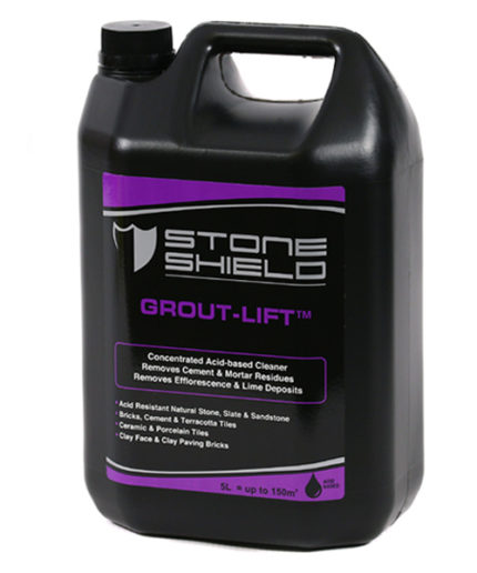 A-5-liter-black-plastic-container-of-Stoneshield-Grout-Lift-a-concentrated-acid-based-cleaner-The-label-is-black-with-purple-and-white-text-and-features-a-shield-logo-It-states-the-product-removes-cement-and-mortar-residues-efflorescence-and-lime-deposits-Suitable-for-acid-resistant-natural-stone-slate-sandstone-bricks-cement-terracotta-tiles-ceramic-and-porcelain-tiles-and-clay-face-and-paving-bricks-The-bottom-of-the-label-notes-the-product-is-acid-based-and-covers-up-to-150m²