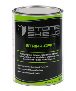 Image-of-a-5-litre-can-of-Stoneshield-Stripp-Off-a-multi-purpose-solvent-based-paint-stripper-The-product-is-designed-to-remove-sealers-adhesives-varnishes-enamels-and-paint-It-is-emulsifiable-for-easy-water-cleanup-and-suitable-for-use-on-natural-stone-slate-sandstone-terracotta-concrete-bricks-masonry-surfaces-wood-steel-fiberglass-and-plastic-The-label-features-a-black-and-green-colour-scheme-with-white-and-green-text-The-can-covers-up-to-30-square-meters