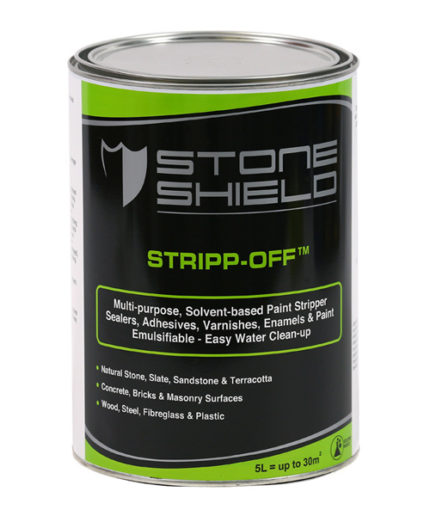 Image-of-a-5-litre-can-of-Stoneshield-Stripp-Off-a-multi-purpose-solvent-based-paint-stripper-The-product-is-designed-to-remove-sealers-adhesives-varnishes-enamels-and-paint-It-is-emulsifiable-for-easy-water-cleanup-and-suitable-for-use-on-natural-stone-slate-sandstone-terracotta-concrete-bricks-masonry-surfaces-wood-steel-fiberglass-and-plastic-The-label-features-a-black-and-green-colour-scheme-with-white-and-green-text-The-can-covers-up-to-30-square-meters