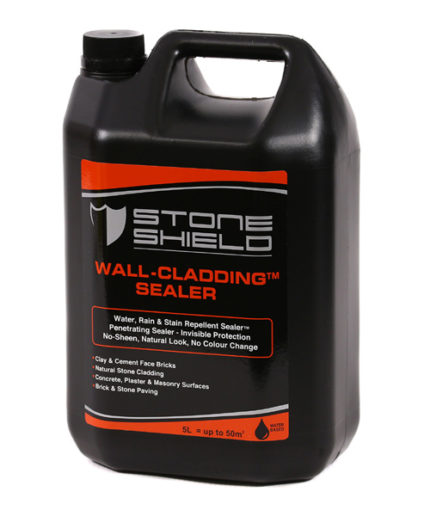 Image-of-a-5-litre-black-plastic-container-of-Stoneshield-Wall-Cladding-Sealer-with-a-red-and-black-label-The-label-indicates-it-is-a-water-based-penetrating-sealer-for-clay-cement-stone-and-masonry-surfaces-providing-invisible-protection-with-no-sheen-or-color-change