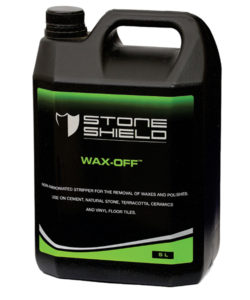 Image-of-a-5-litre-black-plastic-container-of-Stoneshield-WAX-OFF™-The-label-features-a-green-and-black-colour-scheme-with-the-brand-name-and-product-title-prominently-displayed-The-product-is-described-as-a-non-ammoniated-hospital-grade-stripper-that-removes-waxes-and-polishes-and-acts-as-a-heavy-duty-degreaser-It-is-suitable-for-use-on-natural-stone-slate-sandstone-terracotta-vinyl-sheeting-vinyl-tiles-LVT-plastic-floor-tiles-concrete-floors-and-self-leveling-cement-screeds
