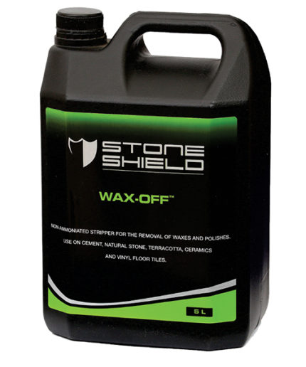 Image-of-a-5-litre-black-plastic-container-of-Stoneshield-WAX-OFF™-The-label-features-a-green-and-black-colour-scheme-with-the-brand-name-and-product-title-prominently-displayed-The-product-is-described-as-a-non-ammoniated-hospital-grade-stripper-that-removes-waxes-and-polishes-and-acts-as-a-heavy-duty-degreaser-It-is-suitable-for-use-on-natural-stone-slate-sandstone-terracotta-vinyl-sheeting-vinyl-tiles-LVT-plastic-floor-tiles-concrete-floors-and-self-leveling-cement-screeds