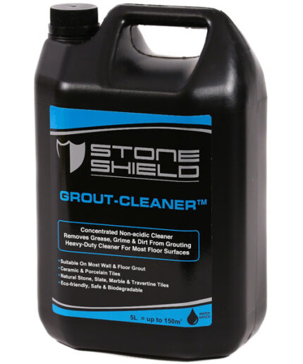 A-5-liter-black-plastic-container-of-Stoneshield-Grout-Cleaner-a-concentrated-non-acidic-cleaner-The-label-is-black-with-blue-and-white-text-and-features-a-shield-logo-The-product-is-designed-to-remove-grease-grime-and-dirt-from-grouting-and-is-a-heavy-duty-cleaner-for-most-floor-surfaces-Suitable-for-use-on-most-wall-and-floor-grout-ceramic-and-porcelain-tiles-natural-stone-slate-marble-and-travertine-tiles-The-label-also-highlights-that-the-product-is-eco-friendly-safe-and-biodegradable-It-is-water-based-and-covers-up-to-150m²