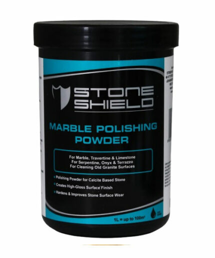 Image-of-a-black-and-blue-plastic-container-labeled-Stoneshield-Marble-Polishing-Powder-The-label-states-that-the-product-is-used-for-polishing-marble-travertine-limestone-serpentine-onyx-terrazzo-and-for-cleaning-old-granite-surfaces-Additional-text-on-the-label-highlights-that-the-powder-creates-a-high-gloss-finish-hardens-stone-surfaces-and-improves-wear-The-bottom-of-the-label-notes-that-1-litre-covers-up-to-100-square-meters