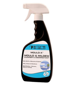 A-500ml-spray-bottle-of-Stoneshield-Mould-X-Mould-&-Mildew-Cleaner-and-Disinfectant-The-bottle-is-black-with-a-white-trigger-spray-top-and-a-white-and-blue-label-The-label-highlights-the-product's-ability-to-kill-99-point-9-percent-of-bacteria-and-germs-clean-and-disinfect-and-is-suitable-for-multi-surface-use-including-showers-walls-and-ceilings-It-is-marketed-as-"super-strength"-and-"fast-acting"-A-circular-image-on-the-label-shows-a-clean-modern-bathroom-with-tiled-walls