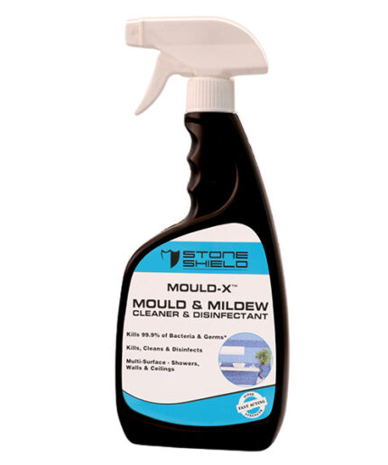 A-500ml-spray-bottle-of-Stoneshield-Mould-X-Mould-&-Mildew-Cleaner-and-Disinfectant-The-bottle-is-black-with-a-white-trigger-spray-top-and-a-white-and-blue-label-The-label-highlights-the-product's-ability-to-kill-99-point-9-percent-of-bacteria-and-germs-clean-and-disinfect-and-is-suitable-for-multi-surface-use-including-showers-walls-and-ceilings-It-is-marketed-as-"super-strength"-and-"fast-acting"-A-circular-image-on-the-label-shows-a-clean-modern-bathroom-with-tiled-walls