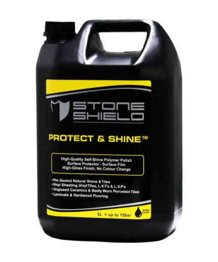 A-black-5-litre-plastic-container-of-Stoneshield-Protect-&-Shine-with-a-handle-and-screw-cap-The-label-features-a-grey-and-yellow-colour-scheme-with-the-product-name-in-bold-yellow-text-The-product-is-described-as-a-high-quality-self-shine-polymer-polish-and-surface-protector-that-provides-a-high-gloss-finish-without-colour-change-Suitable-for-pre-sealed-natural-stone-and-tiles-vinyl-sheeting-vinyl-tiles-LVTs-LVPs-unglazed-ceramics-badly-worn-porcelain-tiles-laminate-and-hardwood-flooring-The-label-also-indicates-that-the-product-is-water-based-and-covers-up-to-150m²