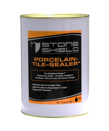 Image-of-a-5-liter-can-of-Stoneshield-Porcelain-Tile-Sealer-The-can-has-a-white-background-with-a-black-and-orange-label-The-product-is-described-as-a-dirt-repellent-penetrating-sealer-that-provides-invisible-protection-with-no-sheen-maintaining-a-natural-look-and-causing-no-color-change-It-is-suitable-for-polished-and-natural-porcelain-tiles-helps-make-surfaces-easier-to-clean-and-reduces-dirt-retention-The-label-also-mentions-that-the-product-is-solvent-based-and-covers-up-to-50-square-meters
