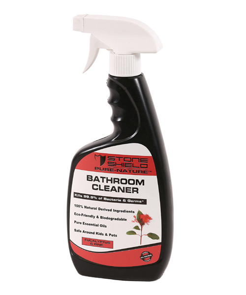 Image-of-Stoneshield-Pure-Nature-Bathroom-Cleaner-in-a-black-spray-bottle-with-a-white-trigger-nozzle-The-label-has-a-red-and-white-design-displaying-the-Stoneshield-logo-at-the-top-The-product-is-promoted-as-killing-99-point-9-percent-of-bacteria-and-germs-and-is-made-from-100-percent-natural-derived-ingredients-Additional-features-include-being-eco-friendly-biodegradable-and-containing-pure-essential-oils-The-cleaner-is-also-labeled-as-safe-around-kids-and-pets-The-scent-is-specified-as-Eucalyptus-and-Pine-with-an-illustration-of-a-eucalyptus-plant-on-the-label