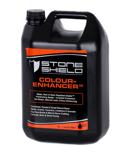 A-black-5-liter-plastic-container-of-Stoneshield-Colour-Enhancer-sealer-The-label-features-bold-white-and-orange-text-on-a-black-background-highlighting-its-function-as-a-water-rain-and-stain-repellent-penetrating-sealer-with-invisible-protection-It-offers-a-no-sheen-natural-look-with-color-enhancing-properties-Suitable-for-unpolished-flamed-and-honed-natural-stone-marble-granite-travertine-limestone-quartzite-clay-face-bricks-stone-cladding-concrete-brick-and-stone-paving-The-product-is-water-based-and-covers-up-to-50-square-meters