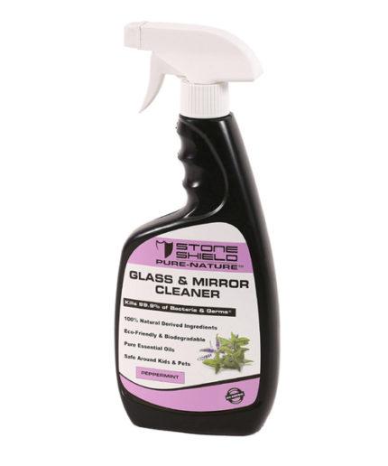 The-image-features-a-Stoneshield-Pure-Nature-Glass-and-Mirror-Cleaner-in-a-black-spray-bottle-with-a-white-trigger-nozzle-The-label-has-a-purple-and-white-design-displaying-the-Stoneshield-logo-at-the-top-The-product-is-promoted-as-killing-99.9%-of-bacteria-and-germs-and-is-made-from-100%-natural-derived-ingredients-Additional-features-include-being-eco-friendly-biodegradable-and-containing-pure-essential-oils-The-cleaner-is-also-labeled-as-safe-around-kids-and-pets-The-scent-is-specified-as-peppermint-with-an-illustration-of-a-peppermint-plant-on-the-label