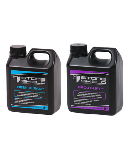 Image-showing-two-black-1-liter-containers-of-Stoneshield-cleaning-products-The-container-on-the-left-is-labeled-DEEP-CLEAN-with-a-blue-accent-and-described-as-a-concentrated-heavy-duty-degreaser-for-deep-cleaning-various-surfaces-including-concrete-tiles-and-natural-stone-The-container-on-the-right-is-labeled-GROUT-LIFT-with-a-purple-accent-and-described-as-a-concentrated-acid-based-cleaner-that-removes-cement-residues-efflorescence-and-lime-deposits-from-stone-bricks-and-tiles-Both-containers-have-a-handle-and-black-screw-cap