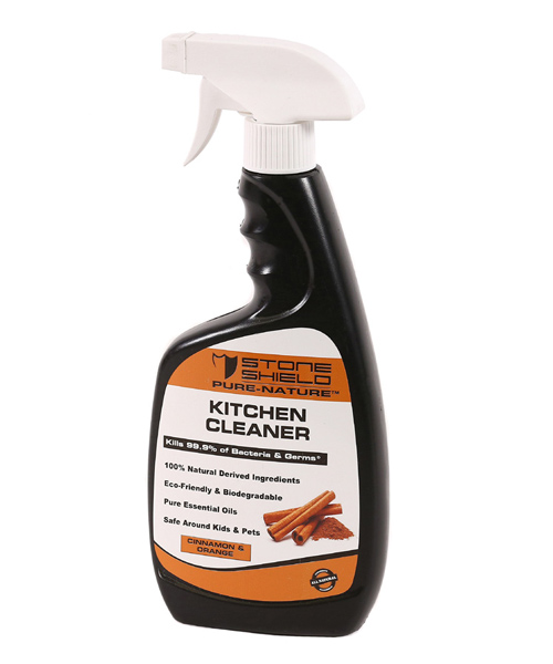The-image-features-Stoneshield-Pure-Nature-Kitchen-Cleaner-in-a-black-spray-bottle-with-a-white-trigger-nozzle-The-label-has-a-brown-and-white-design-displaying-the-Stoneshield-logo-at-the-top-The-product-is-promoted-as-killing-999%-of-bacteria-and-germs-and-is-made-from-100%-natural-derived-ingredients-Additional-features-include-being-eco-friendly-biodegradable-and-containing-pure-essential-oils-The-cleaner-is-also-labeled-as-safe-around-kids-and-pets-The-scent-is-specified-as-cinnamon-and-orange-with-an-illustration-of-cinnamon-sticks-on-the-label
