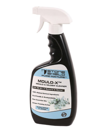 The-image-features-Stoneshield-Pure-Nature-Mould-X-Mould-and-Mildew-Cleaner-in-a-black-spray-bottle-with-a-white-trigger-nozzle-The-label-has-a-light-blue-and-white-design-displaying-the-Stoneshield-logo-at-the-top-The-product-is-promoted-as-killing-999%-of-bacteria-and-germs-and-is-made-from-100%-natural-derived-ingredients-Additional-features-include-being-eco-friendly-biodegradable-and-containing-pure-essential-oils-The-cleaner-is-also-labeled-as-safe-around-kids-and-pets-The-scent-is-specified-as-eucalyptus-and-lemon-with-an-illustration-of-eucalyptus-leaves-on-the-label