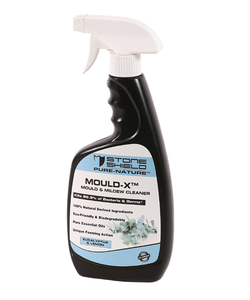 The-image-features-Stoneshield-Pure-Nature-Mould-X-Mould-and-Mildew-Cleaner-in-a-black-spray-bottle-with-a-white-trigger-nozzle-The-label-has-a-light-blue-and-white-design-displaying-the-Stoneshield-logo-at-the-top-The-product-is-promoted-as-killing-999%-of-bacteria-and-germs-and-is-made-from-100%-natural-derived-ingredients-Additional-features-include-being-eco-friendly-biodegradable-and-containing-pure-essential-oils-The-cleaner-is-also-labeled-as-safe-around-kids-and-pets-The-scent-is-specified-as-eucalyptus-and-lemon-with-an-illustration-of-eucalyptus-leaves-on-the-label