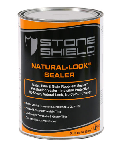 A-5-litre-can-of-Stoneshield-Natural-Look-Sealer-featuring-a-black-orange-and-silver-label-The-product-is-described-as-a-water-rain-and-stain-repellent-penetrating-sealer-offering-invisible-protection-with-no-sheen-natural-appearance-and-no-colour-change-It-is-suitable-for-use-on-marble-granite-travertine-limestone-quartzite-porcelain-tiles-terracotta-quarry-tiles-concrete-and-masonry-surfaces-The-can-indicates-coverage-of-up-to-100-square-meters