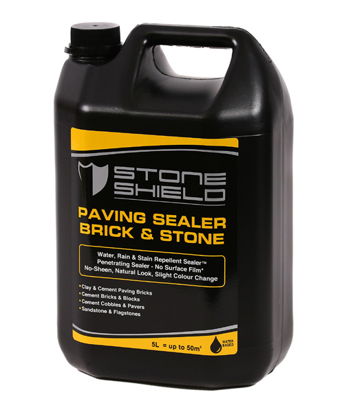A-black-5-liter-plastic-container-of-Stoneshield-Paving-Sealer-Brick-&-Stone-The-label-features-a-yellow-and-black-design-with-white-and-yellow-text-displaying-the-Stoneshield-logo-at-the-top-The-product-is-described-as-a-water-based-penetrating-sealer-that-repels-water-rain-and-stains-with-no-surface-film-and-a-natural-no-sheen-finish-Suitable-for-clay-and-cement-paving-bricks-cement-bricks-and-blocks-cement-cobbles-and-pavers-sandstone-and-flagstones
