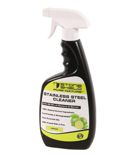 The-image-features-Stoneshield-Pure-Nature-Stainless-Steel-Cleaner-in-a-black-spray-bottle-with-a-white-trigger-nozzle-The-label-has-a-yellow-and-white-design-displaying-the-Stoneshield-logo-at-the-top-The-product-is-promoted-as-killing-99-point-9-percent-of-bacteria-and-germs-and-is-made-from-100-percent-natural-derived-ingredients-Additional-features-include-being-eco-friendly-biodegradable-and-containing-pure-essential-oils-The-cleaner-is-also-labeled-as-safe-around-kids-and-pets-The-scent-is-specified-as-lemon- with-an-illustration-of-a-lemon-on-the-label