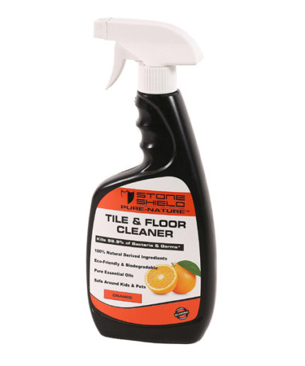 The-image-features-Stoneshield-Pure-Nature-Tile-and-Floor-Cleaner-in-a-black-spray-bottle-with-a-white-trigger-nozzle-The-label-has-a-dark-orange-and-white-design-displaying-the-Stoneshield-logo-at-the-top-The-product-is-promoted-as-killing-99-point-9-percent-of-bacteria-and-germs-and-is-made-from-100-percent-natural-derived-ingredients-Additional-features-include-being-eco-friendly-biodegradable-and-containing-pure-essential-oils-The-cleaner-is-also-labeled-as-safe-around-kids-and-pets-The-scent-is-specified-as-orange-with-an-illustration-of-an-orange -on-the-label