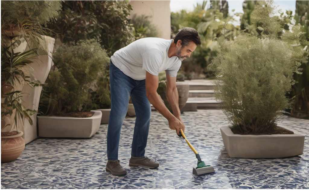 A man painting his cement tiles with cement tile sealer