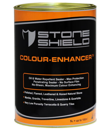 Image-of-a-5-litre-can-of-Stoneshield-Colour-Enhancer-a-penetrating-oil-and-water-repellent-sealer-designed-for-maximum-colour-enhancement-without-surface-film-or-sheen-Suitable-for-polished-flamed-leathered-and-honed-natural-stone-including-marble-granite-travertine-limestone-quartzite-terracotta-and-quarry-tiles-The-label-is-black-with-orange-and-silver-text-and-the-product-can-cover-up-to-100-square-meters