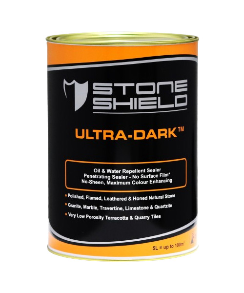 Image-of-a-5-litre-tin-of-Stoneshield-Ultra-Dark-sealer-with-an-orange-and-black-label-The-product-is-described-as-an-oil-and-water-repellent-penetrating-sealer-that-provides-no-sheen-maximum-colour-enhancement-without-a-surface-film-Suitable-for-polished-flamed-leathered-and-honed-natural-stone-as-well-as-granite-marble-travertine-limestone-quartzite-terracotta-and-quarry-tiles