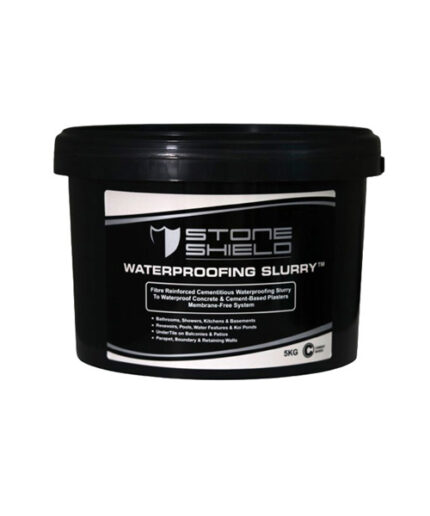 Image-of-a-black-5kg-container-labelled-Stoneshield-Waterproofing-Slurry-The-label-indicates-it-is-a-fibre-reinforced-cementitious-waterproofing-slurry-used-for-concrete-and-cement-based-plasters-The-product-is-suitable-for-bathrooms-showers-kitchens-basements-pools-and-patios