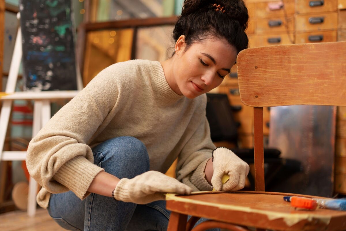 Lady in a home workshop restoring old furniture using tools and the right paint stripper