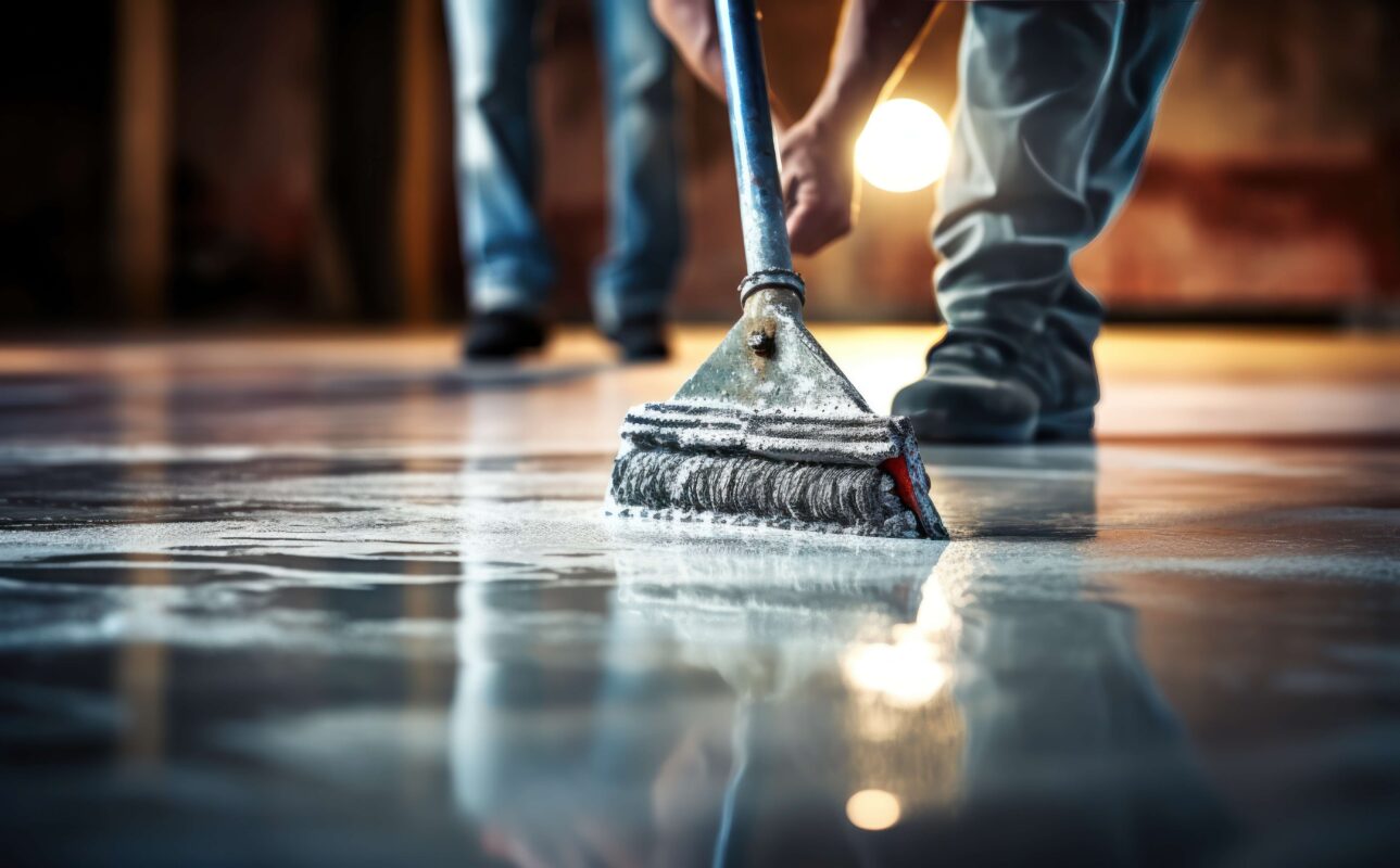 Construction worker laying a cement floor using tools that include the best spike rollers