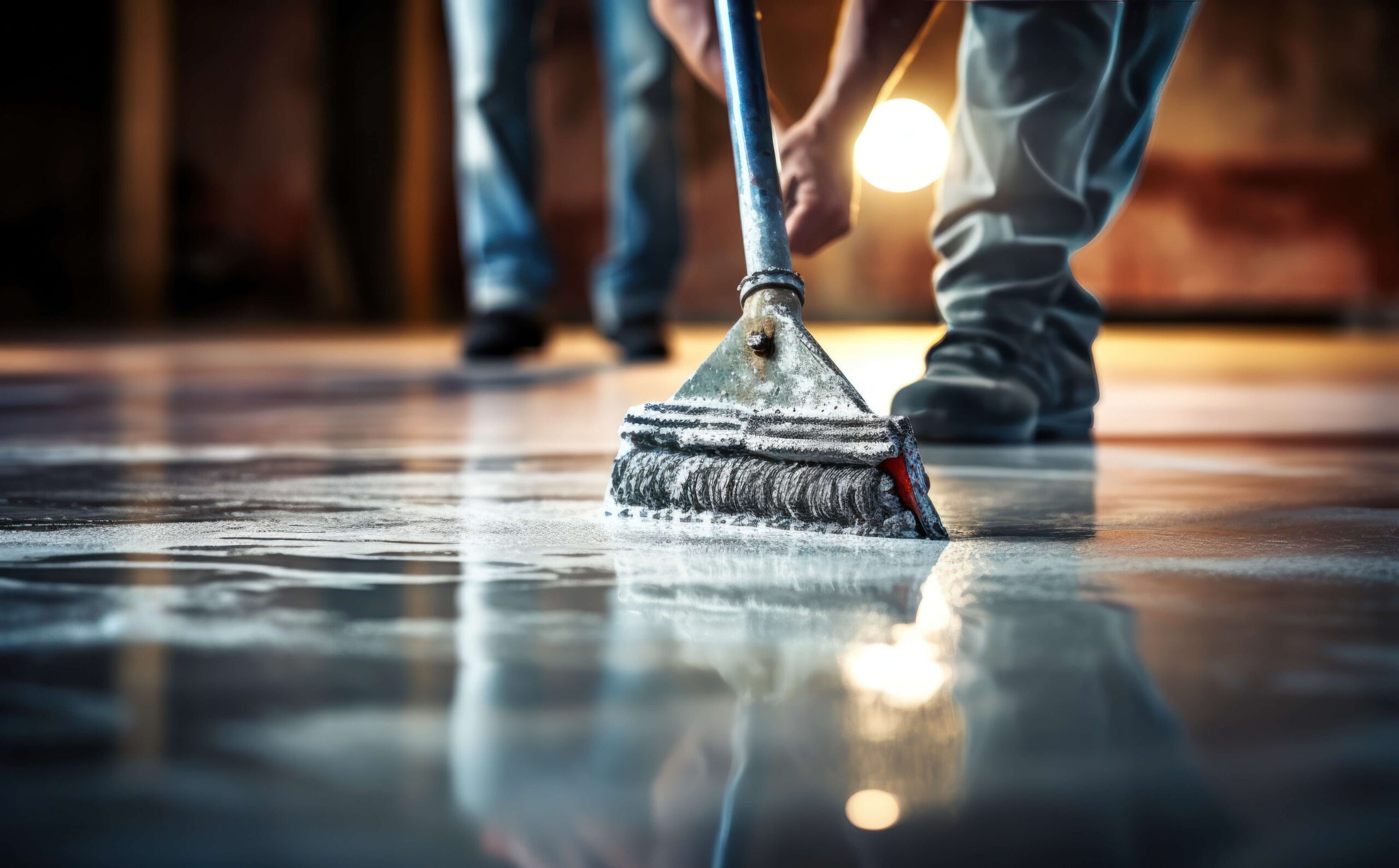Construction worker laying a cement floor using tools that include the best spike rollers